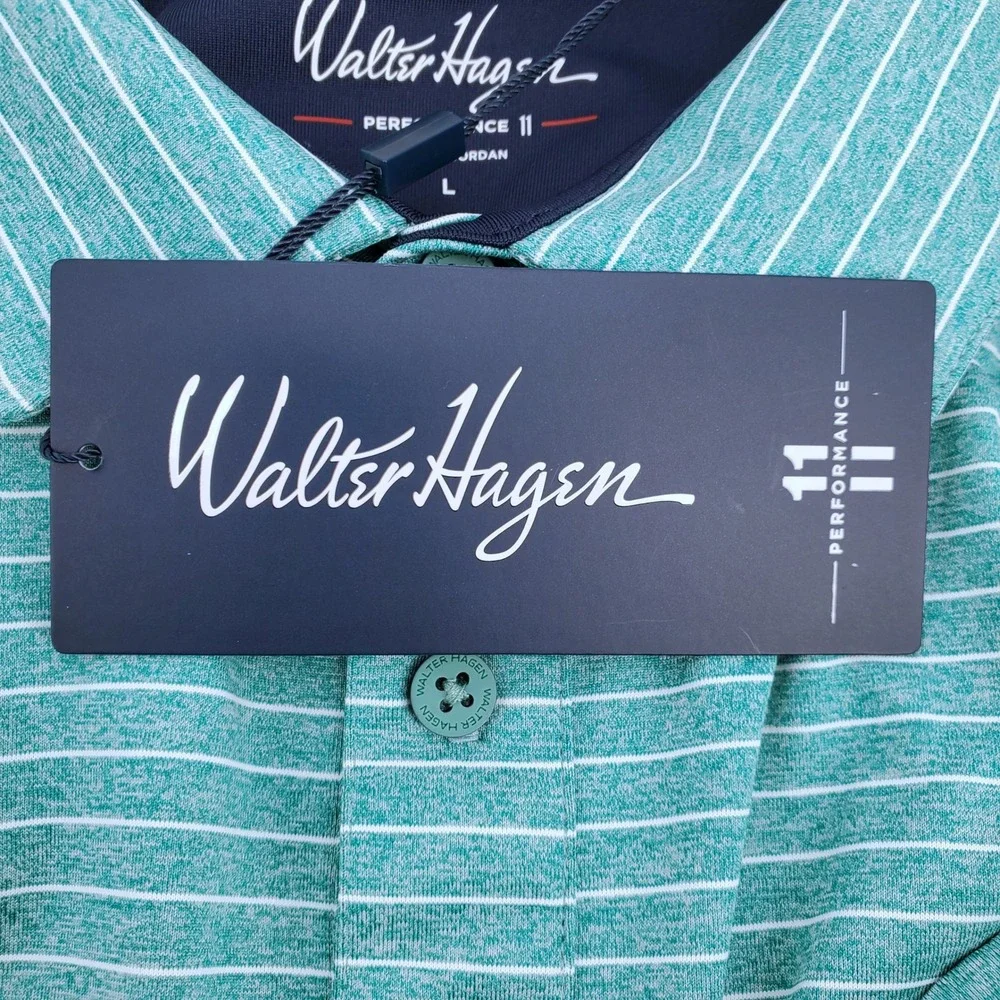 Walter Hagen Mens Large Classic Stripe Polo Shirt Performance 11 Teal White Golf